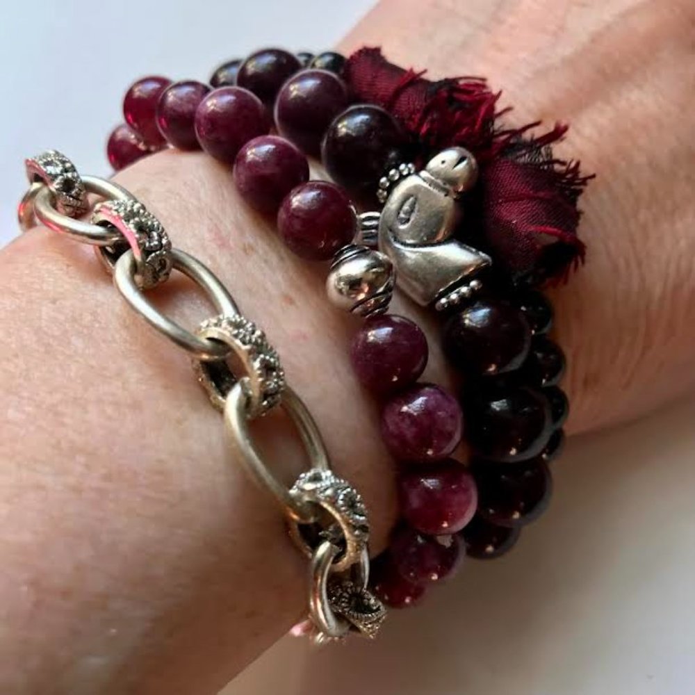 Natural Garnet Stretch Bracelets Set of 3 Handmade
